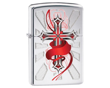 Купите зажигалку Zippo 28526 Gothic Cross High Polish Chrome (зеркальный хром, рисунок креста с алой лентой) в интернет-магазине